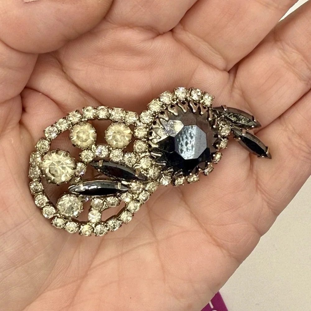 Vintage Black Rhinestone Brooch Silver Tone Clear Crystals Mid Century